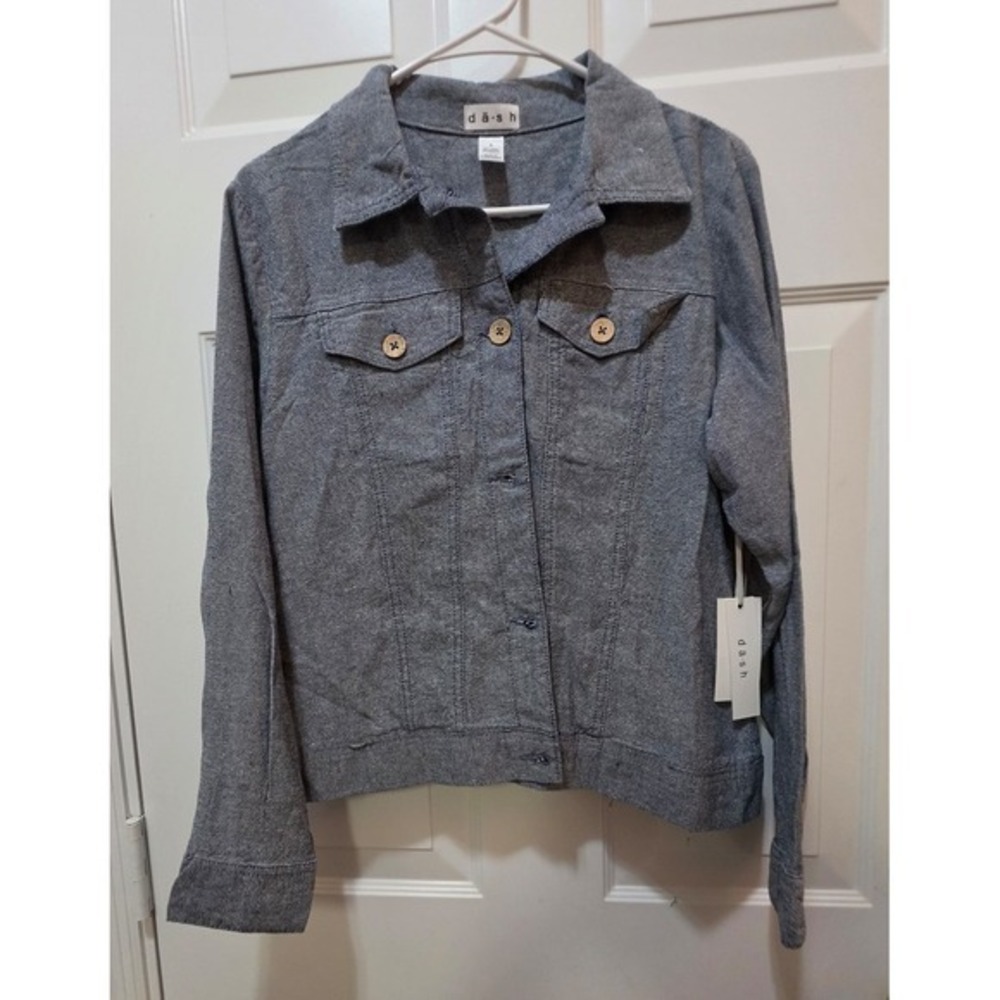 NWT da-sh Linen Blend Button Up Trucker Jacket Grey Blue Chambray Small S